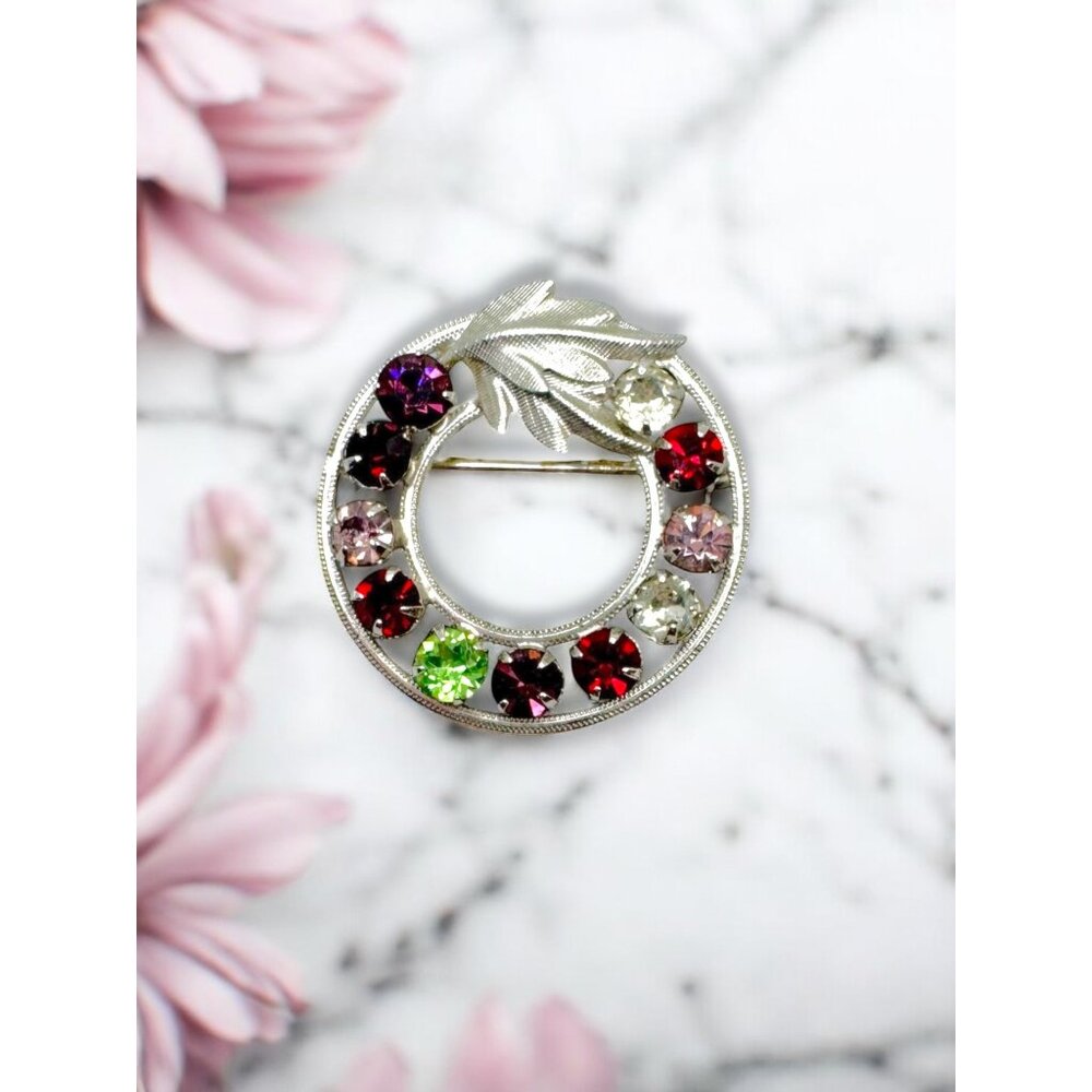 Vintage Curtis Designs Rhinestone Circle Brooch Multicolor Stones Silver-Tone